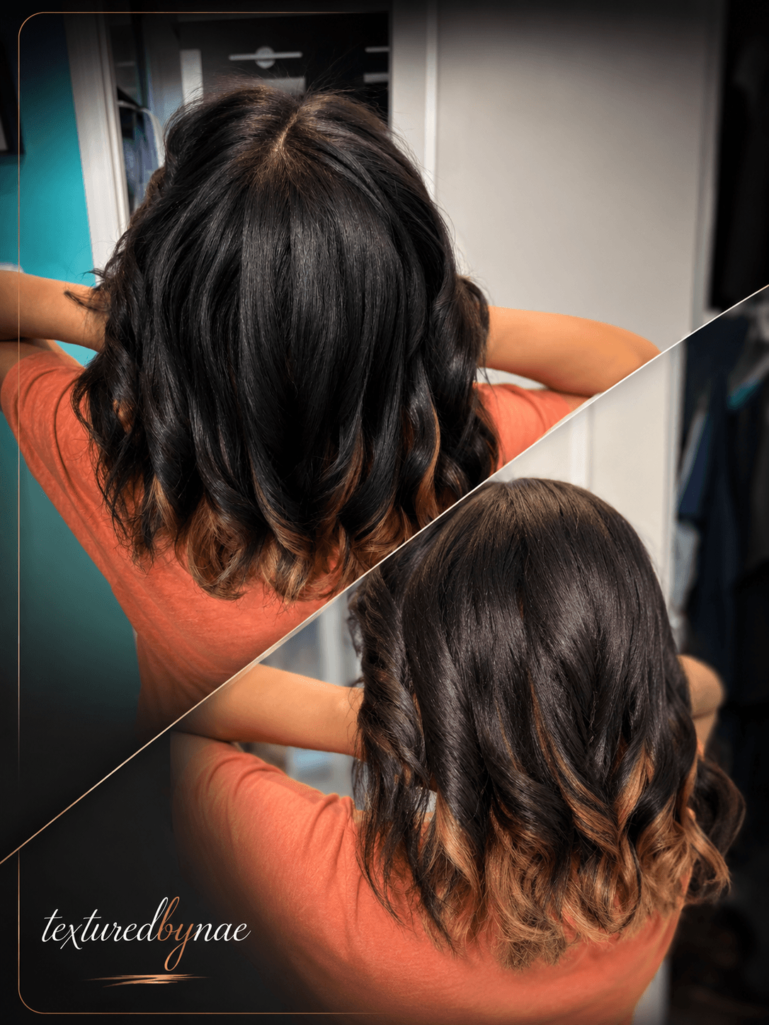 Dark hair waved into a lob with warm caramel through the ends