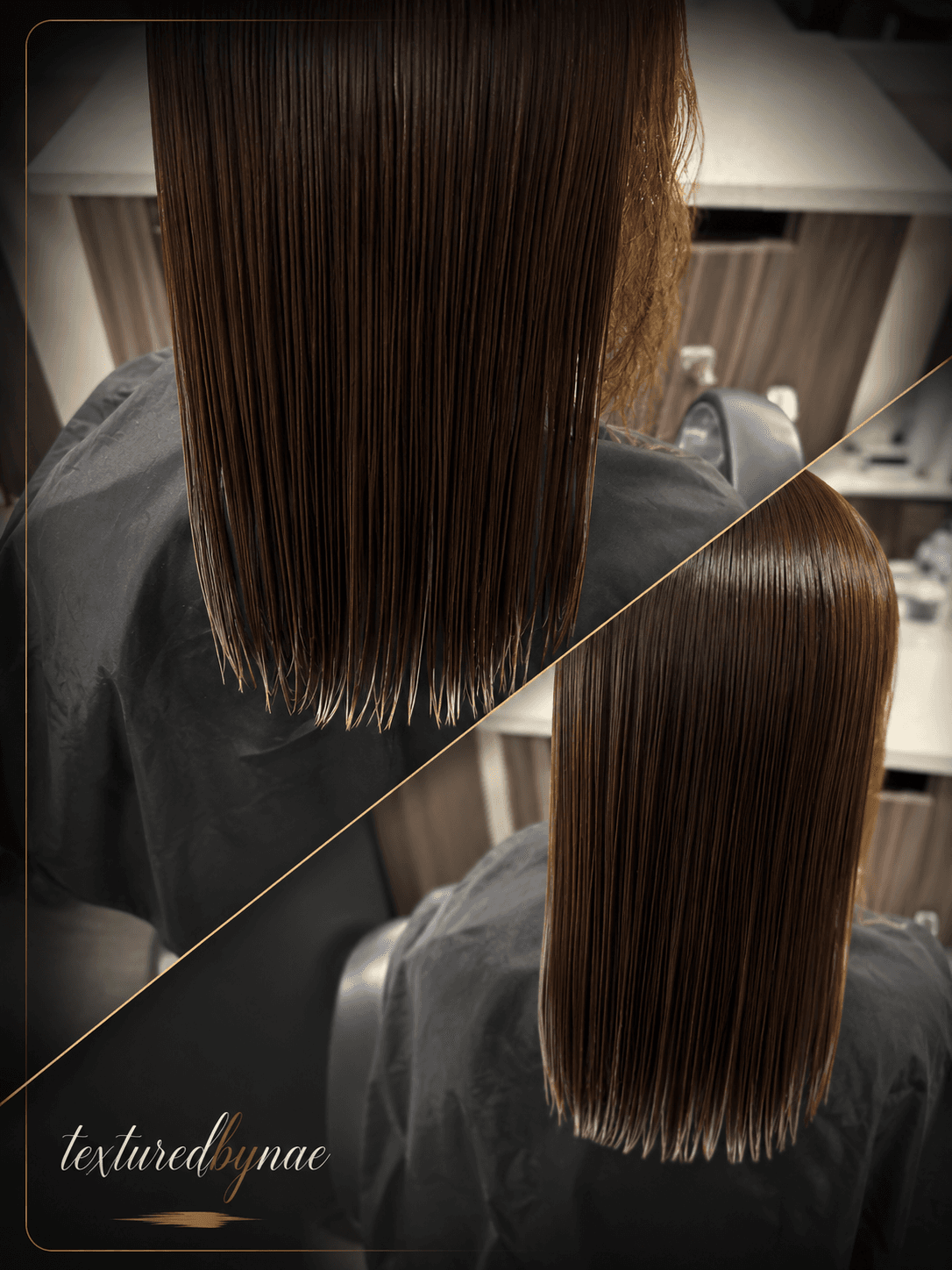 Chocolate brown hair with a high-shine glass finish, blunt and sleek